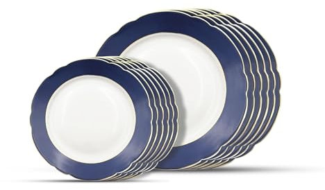 Gusto Buono Vajilla de porcelana de 12 piezas, 6 platos de ensalada (7.5 pulgadas) y 6 platos llanos (10.5 pulgadas), vajilla con acabado azul y dorado, diseño italiano, ideal para todas las ocasiones