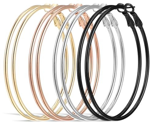 Tyqour 4 Paare Große Ohrringe Set, Edelstahl Ohrringe Länge 50mm, Silber Creolen Hoop Kreis Gold Silber Schwarz, Hypoallergen Kreis Endlose Creolen für Mädchen und Damen