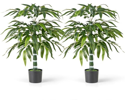 COSTWAY 2er Set Künstliche Pflanze Bambus, 100 cm Kunstbaum mit Topf, Stämmen und verstellbaren Zweigen, Kunstpflanze für Zuhause Büro, Bambusbaum Bamboo Dekobaum, Zimmerpflanze Deko, Grün