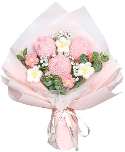 Dremisland Crochet Flowers Bouquet Handmade Knitted Flowers Crochet Tulips Bouquet with Eucalyptus Artificial Floral Arrangement Crochet Kits for Mom Birthday Anniversary Wedding Homecoming Gifts