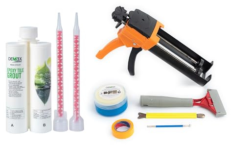 Malta epossidica per fughe e utensili per piastrelle e pietra, impermeabile, antimacchia, muffa, crepa e chimica, pronta per l'uso, facile da applicare (Tan + strumenti, 1 pk)