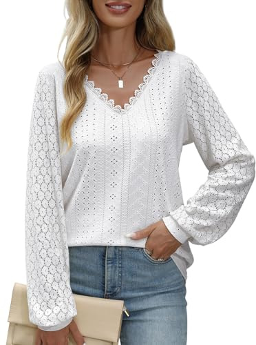 PASUDA Bluse Damen V-Ausschnitt Langarm Elegant Tunika Oberteil Lässige Locker Spitzenärmel Hemdbluse Casual Damenblusen Puffärmel Langarmshirt Shirts Tops(Weiß,M)