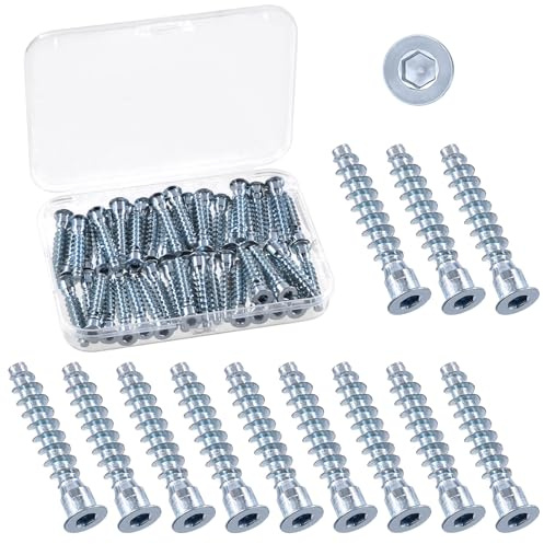 Swpeet Kit d'Assortiment de 50 Pièces M7 x 40mm Vis Confirmat de Raccordement pour Meubles en Acier au Carbone Zingué Bleu-Blanc, À Entraînement Hexagonal, À Tête Fraisée, Auto-Taraudeuse pour