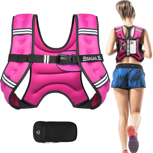 BAGAIL viktväst för styrketräning, 3 kg/5 kg/6 kg/8 kg/10 kg/12 kg viktväst med justerbar byststorlek, reflekterande rand och praktisk ficka, idealisk för träning, yoga och aerobics.