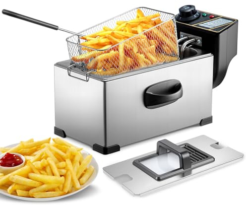 Deep Fat Fryer 3L Capacity 2000W – Stainless Steel Chip Pans with Basket and Lid, Adjustable Temperature Control, Non-slip, Easy Clean, Non-stick Removable Oil Container (3L)