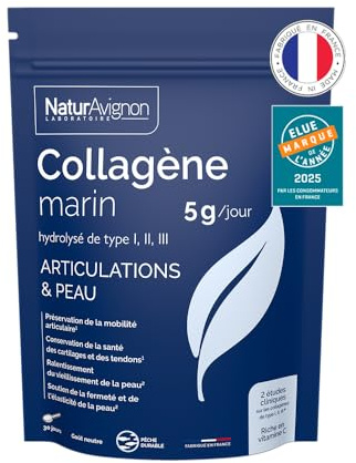 Collagene marin hydrolysé type 1, 2&3 | Articulations | Peau I Vitamine C I Collagene marin poudre 5g par portion | Goût neutre I Fabriqué en France I 180g | Laboratoire NaturAvignon