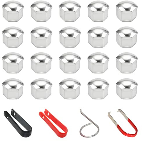 Xynovate 17mm Capuchon d'écrou de Roue, Haute Qualité Boulon Ecrou Couvre, Cache-écrous de Pneu Hexagonaux avec Ensemble d'outils de Démontage pour Voitures (Argent)