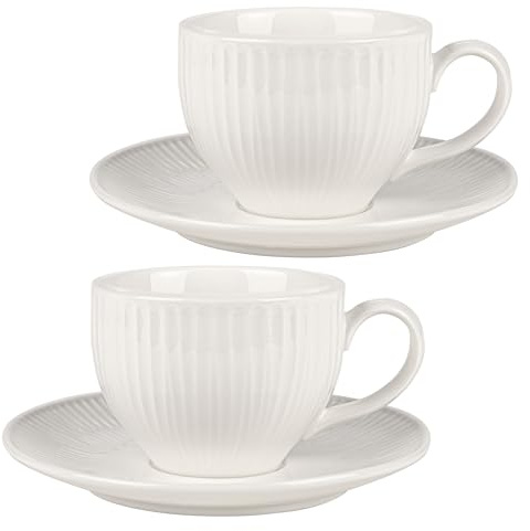 Festa Italia 2 x Espressotassen mit Untertassen - 120ml - Weiß Espresso Tassen Set aus Porzellan - Italienische Modern Kaffeeservice für 2 Personen - Mokkatassen mit Untertasse - Espressotasse
