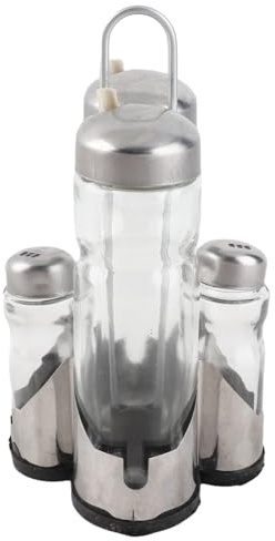 OEBUAFI Seasoning Bottle Set, Stainless Steel Tops, Four-in-One Condiment Holder, Glass Cruet Set for Kitchen and Restaurant Use