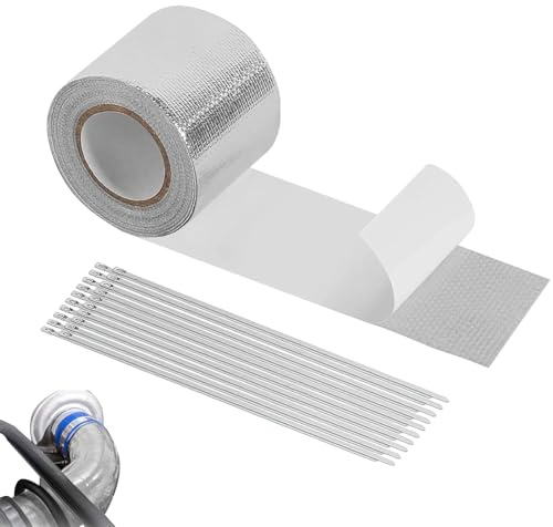 Auspuffrohrband – Selbstklebendes Isolierband für Rohre mit 20 Clips aus Edelstahl, Auspuffband für intensive Nutzung – für HLK-Motor, Ofen, Klempnerei, Auto, Motorrad