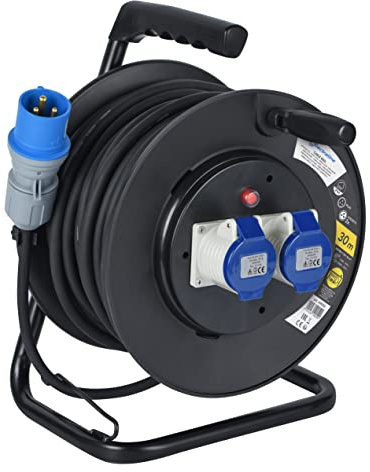 Electraline 49050 Rallonge Electrique en Caoutchouc avec Enrouleur de Câble de 30 M pour Camping-Car, camping, caravane, avec Fiche CEE tripolaire et 2 Prises industrielle IEC - IP44