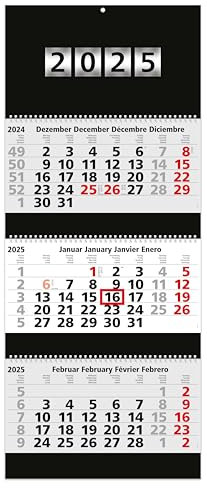 GEIGER-OFFICE 3-Monatskalender 2026 Premium-Black Wandkalender 33,5 x 81 cm hängt immer glatt und gerade durch Wire-O-Bindung schwarze Rückwand, Jahreszahl Silberprägung, Metallöse