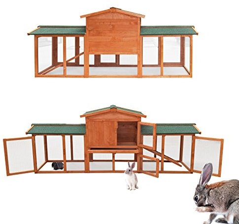 Wiltec Hasenstall 2190 x 530 x 850 mm mit Freilaufgehege und erhöhtem Unterschlupf aus Fichtenholz, Kaninchenkäfig mit 2 Etagen, Kleintierstall