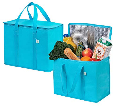 VENO 2 Pack Insulated Reusable Grocery Shopping Bag, Food Delivery, Cooler Bag, Heavy Duty, Large Size, Durable Handles, Dual Tab Zips, Lid, Stands Upright, Collapsible, Sustainable (Cyan, 2 Pack)