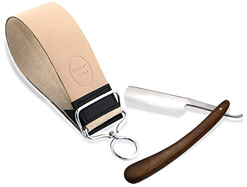Geschenkidee für Herren Väter | Rasier Set für Männer mit Rasiermesser Holzgriff und Streichriemen aus Leder