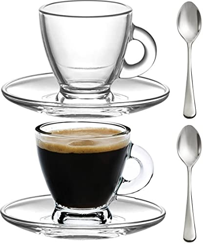 BOHEM'S Espresso Cups, 3.2-Ounce. Small Demitasse Clear Glass Espresso Drinkware, Set Of 2 Cups, Saucers and Stainless Steel mini Spoons, Hostess, Coffee Lover/Enthusiast (clear)