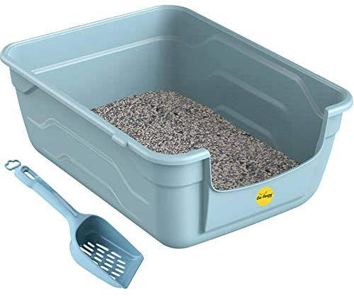 CAT CENTRE Large Cat Litter Tray + Scoop Set, Blue, High Sided | Deep litter box, lowered entry step 11.5cm, easy cleaning, adult cats and kittens, kitten pan, pet loo