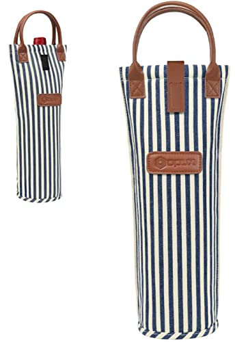 opux Wine Bag Single Bottle Carrier Tote, Insulated Travel Wine Cooler Bag for Picnic Beach Gift, Thermal Padded Portable One Bottle Holder Carrying Case for Women Men Wine Lovers, Navy White Stripes