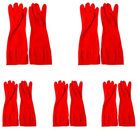 PAPABA 1/5 Latex Household Kitchen Cleaning Clean Long Gloves Protection Red 5 Pairs(10 Pcs)