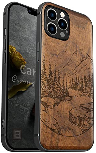 Carveit Coque en Bois pour iPhone 12 Pro Max Compatible avec MagSafe et Chargement sans Fil Étui de téléphone Antichoc de 12 Pro Max Etui magnétique TPU Bumper (Noyer-Paysage Naturel Sauvage)