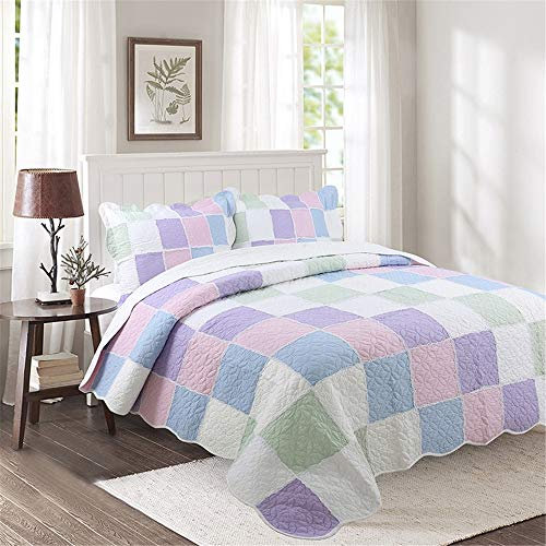 WANWEN Bettwäsche-Set mit 2 gesteppten Kissenbezügen, quadratische Patchwork-Tagesdecke, 230 x 250 cm, Doppelbett, Steppdesign, Lila Little Surprise