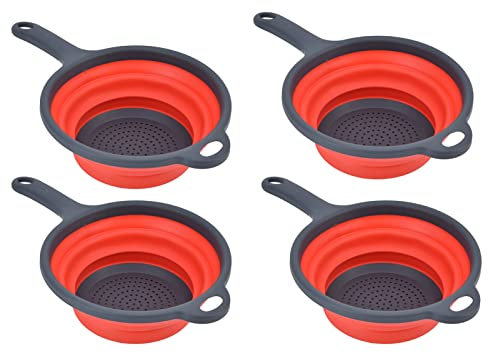 ANKROYU 4-teiliges faltbares Silikon-Sieb für die Küche, platzsparendes Küchensieb, zusammenklappbares Sieb, rund, mit Griff zum Aufhängen, Loch für Pasta, Gemüse, Obst(Rot)