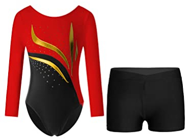 YOOJIA Mädchen Turnanzug Turnshorts Haarband Set Kinder Gymnastik Langarm Gymnastikanzug Tanzen Kleidung 5-14 Jahre