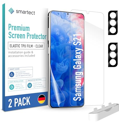 smartect TPU Schutzfolie 2 + 2 Stück für Samsung Galaxy S21 | Displayschutz + Kameraschutz, HD Panzerfolie Anti-Kratzer, Ultra-klar, Blasenfrei, Fingerabdruck kompatibel, Hüllenfreundlich