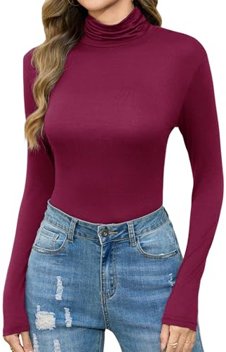 Irevial Lupetto Donna Dolcevita Microfibra Magliette Termiche Maglia Termica Donna Fodera Collo Alto Intimo Termico Sportiva Elastica Traspirante vestibilità Slim,Vino Rosso L