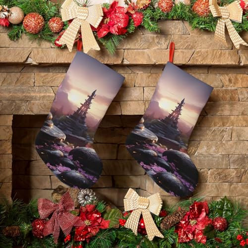 Weihnachtsstrümpfe, 45,7 cm, personalisierbar, schwarzer Steinturm, rosa Blume, Plüsch, Weihnachtsstrumpf, Weihnachtsstrumpf, Dekorationen für Urlaub, große Strümpfe für Weihnachtsdekoration