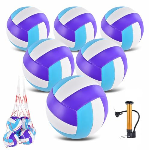 ELKCIP 6 Pack Volleyballs Official Size 5, Soft Bulk Recreational Volley Balls with Pump and Net Bag for Indoor Outdoor Beach Pool Water Sand Game Training Match for Beginner Teenager, Purple