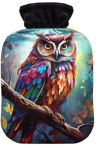 Wärmflasche mit Bezug, Motiv: Eule, Regenbogen, weich, warm, für Winter, Bett, Hand, Hals und Schultern, 1 l