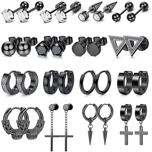 Dochais 16 Paar Ohrringe Herren Edelstahl Ohrstecker Set Ohrring Creolen Hypoallergen Zirkonia Ohrstecker Kreuz Baumelnde Ohrring Gothic Piercing Knorpel Ohrringe Schwarz für Männer Damen