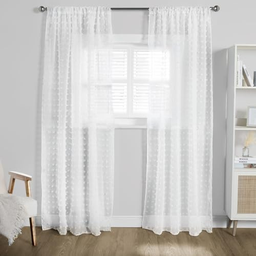 OHS White Voile Curtains, Pompom Tufted Decorative Transparent Window Dressing Drapes for Bedroom, Living Room - Summer Panel, 55 x 87