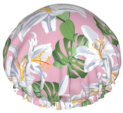 Hair Cap for Shower - Lilies Flowers Green Pink Double Layer Shower Cap Reusable Waterproof, Large Shower Cap for Women, Hair Cap for Shower with Peva Lining and Elastic Rope