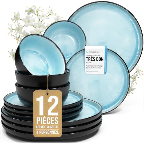 Servizio Piatti Ibiza per 4 Persone, 12 Pezzi Set Piatti Moderni Compatibile con Lavastoviglie e Microonde - Set da Tavola e Cucina di Pure Living Aquamarina