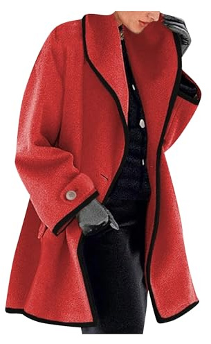 OMZIN Donna Cappotti Autunno Inverno Caldi Cappotti In Lana Di Media Lunghezza Cappotti Con Risvolto Eleganti Giacche Capispalla Rosso XL