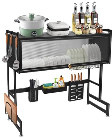 HUOLE Scolapiatti da Appoggio, Portabicchieri, Porta Tagliere, Organizer Cucina, Scolapiatti da Lavello in Metallo, Scolapiatti da Appoggio Sopra Lavello-85 * 30 * 78 cm-nero
