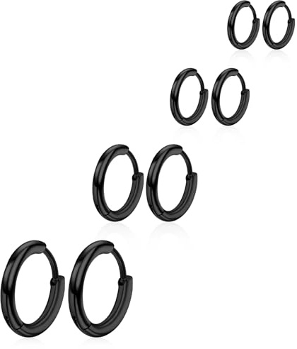 4 Pairs Hoop Earrings for Men 316L Surgical Steel Hoop Earrings 8mm 10mm 12mm 14mm Black Piercings Cartilage Earring Hoops for Women Men(Black)