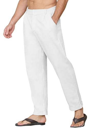 Yutdeng Pantaloni Casual da Uomo in Lino e Cotone Elastici in Vita Pantaloni Estivi Leggeri Pantalone a Gamba Dritta Pantaloni Larghi con Bottone Cerniera Tre Tasche per Spiaggia Yoga Lavoro