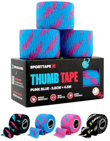 SPORTTAPE Bande pour pouce – 3 rouleaux Bleu | Bande adhésive d’haltérophilie pour hook grip | Déchirement facile, forte adhérence, protège les doigts et améliore la prise