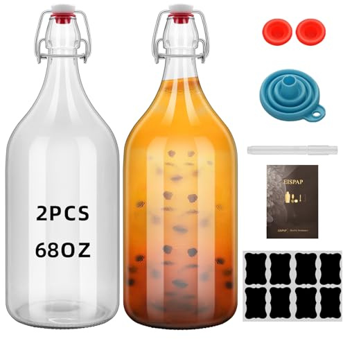 eispap 64oz Flip Top Glass Bottle 2 Liter Swing Brewing with Stopper for Beverages, Oil, Vinegar, Kombucha, Beer, Water, Soda, Kefir Airtight Lid & Leak Proof Cap Clear (clear 2 pcs)