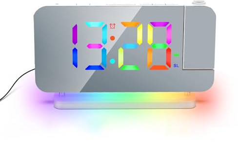 Meichoon Proyección Digital Reloj Despertador FM Radio Espejo Pantalla RGB Cargador USB 12/24 Horas 6 Niveles Ajuste de Brillo Luz Nocturna Función Snooze AE24Blanco