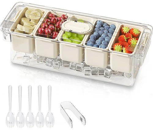 SVNNELP Ice Chilled Condiment Caddy Containers Server with Lid,Serving Fruit Tray Platter with 5 Removable Compartments,Garnish Tray for Party Supplies & Bar Accessories for Taco,Salad