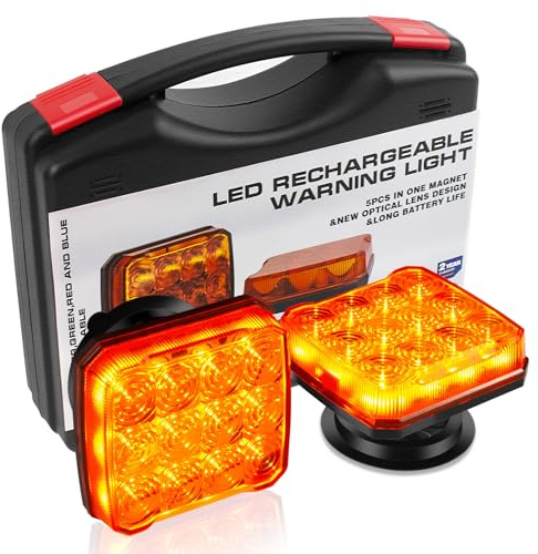 Esoldnic 2pcs LED Rechargeable Strobe Lights Wireless Portable Emergency Flashing Beacon Light Magnetic Amber Warning Beacon for Trucks Trailer Tractor Vehicles