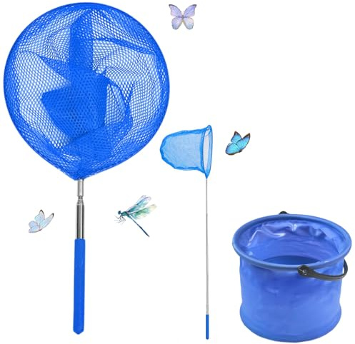 Valicaer Kids Fishing Net & Extendable Butterfly Net and Folding Fish Bucket-Telescopic Bug Catcher for Crabbing, Insects, and Small Fish in Ponds & Pools - Ideal for Outdoor Play