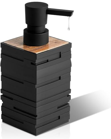 Gigmeta Distributeur de Savon Moderne pour Salle de Bain et Cuisine, Noir, à Pompe, pour Salle de Bain et Plans de Travail - Carré Style Teck