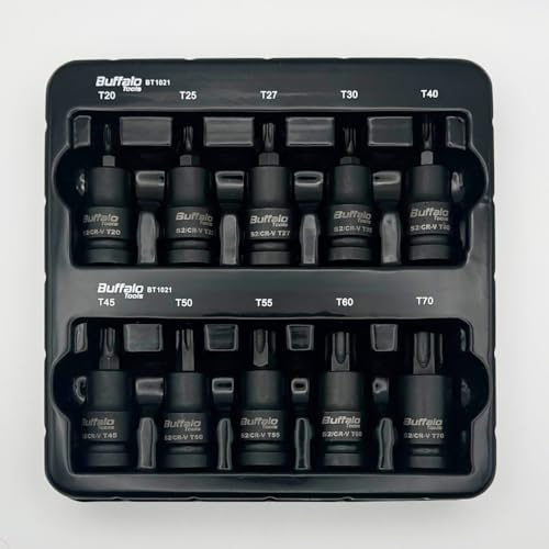 Buffalo Tools Juego de 10 llaves de vaso Torx Star de 1/2 pulgada T20-T70, acero al vanadio duradero, acabado resistente a la corrosión, juego de herramientas con bandeja de almacenamiento TRX-Star