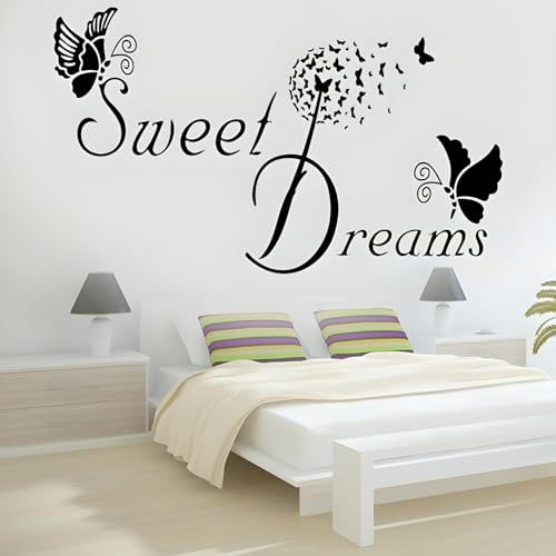 Wandtattoo Sweet Dreams mit Schmetterlingen, Pusteblume und elegantem Spruch für Schlafzimmer oder Entspannungsraum - DIY Deko selbstklebend (47x28cm)