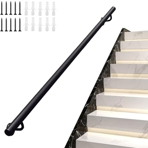 Stair Handrail for Indoor & Outdoor, 30cm-600cm Industrial Stair Railings Safety Grab Bar, Wall Mounted Balustrades Staircase Hand Rails with Installation Kit, Black(7ft/210cm)